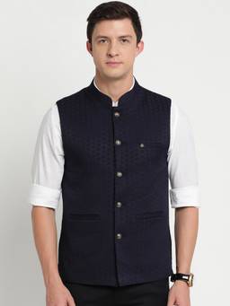 Turtle - Men Polyester Navy Blue Dobby Print Formal Nehru Jacket