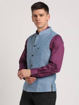 Turtle - Men Terylene Rayon Light Blue Dobby Print Formal Nehru Jacket