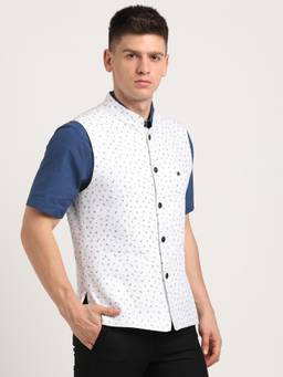 Turtle - Men Terylene Rayon White Dobby Print Formal Nehru Jacket