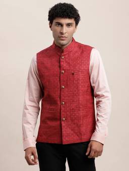 Turtle - Men Terylene Rayon Red Printed Formal Nehru Jacket
