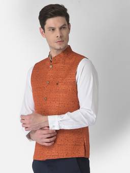 Turtle - Men Terylene Rayon Orange Printed Formal Nehru Jacket