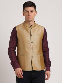 Turtle - Men Terylene Rayon Gold Dobby Print Formal Nehru Jacket