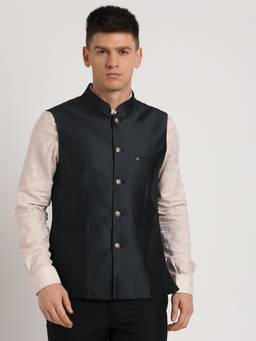 Turtle - Men Terylene Rayon Dark Green Dobby Print Formal Nehru Jacket