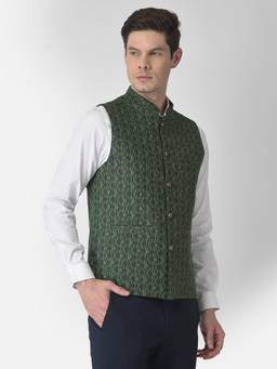 Turtle - Men Terry Rayon Dobby Print Slim Fit Dark Green Nehru Jacket