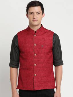 Turtle - Men Poly Cotton Self Design Red Nehru Jacket