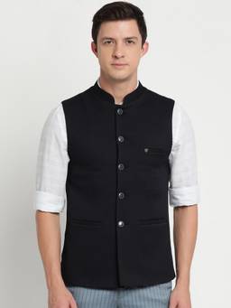 Turtle - Men Poly Cotton Black Dobby Solid Formal Nehru Jacket