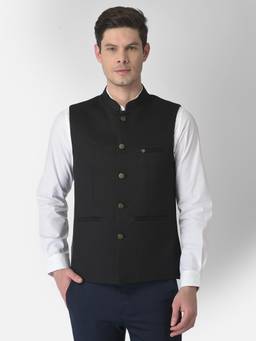 Turtle - Men Poly Cotton Black Dobby Self Design Formal Nehru Jacket