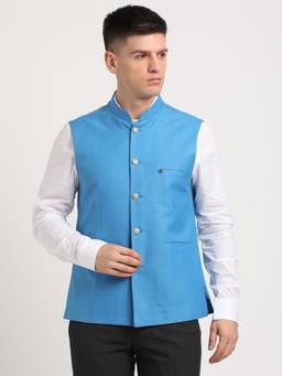 Turtle - Men Poly Cotton Blue Solid Formal Nehru Jacket