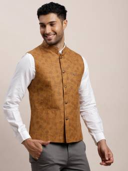 Turtle - Men Poly Cotton Mustard Printed Party Nehru Jacket