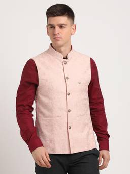 Turtle - Men Terylene Rayon Light Pink Jacquard Party Nehru Jacket