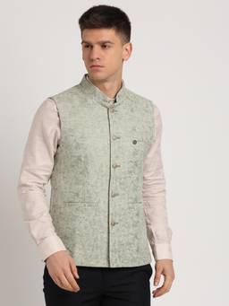 Turtle - Men Terylene Rayon Green Jacquard Party Nehru Jacket