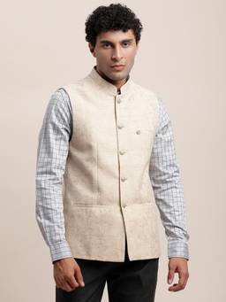 Turtle - Men Terylene Rayon Beige Jacquard Party Nehru Jacket