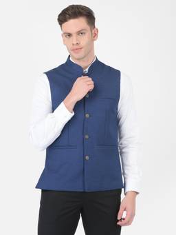 Turtle - Men Terylene Rayon Blue Dobby Solid Party Nehru Jacket