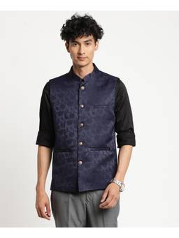 Turtle - Men Poly Viscose Blue Jacquard Party Nehru Jacket