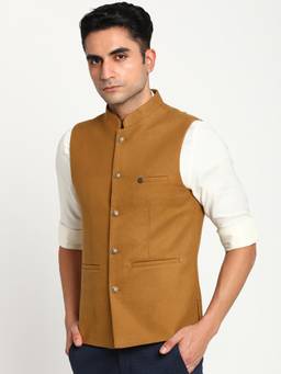 Turtle - Men Poly Viscose Mustard Solid Party Nehru Jacket