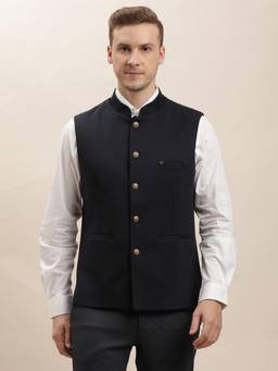 Turtle - Men Poly Viscose Navy Solid Party Nehru Jacket