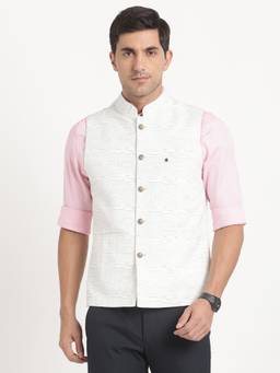 Turtle - Men Poly Viscose White Printed Party Nehru Jacket