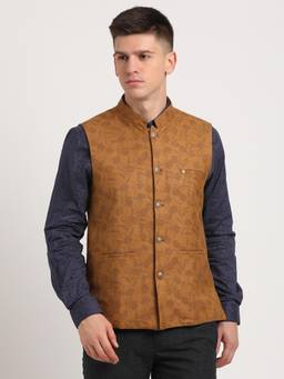 Turtle - Men Poly Cotton Mustard Printed Reversible Party Nehru Jacket