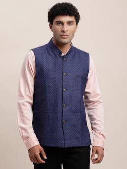 Turtle - Men Poly Cotton Black and Blue Printed Reversible Nehru Jacket