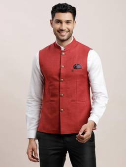 Turtle - Men Terylene Rayon Brick Red Solid Formal Nehru Jacket