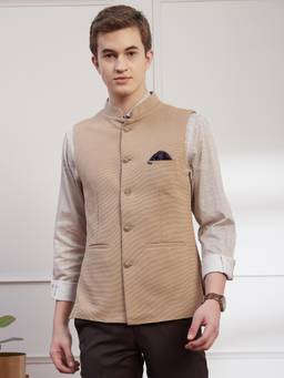 Turtle - Men Cotton Khaki Self Design Slim Fit Ceremonial Nehru Jacket