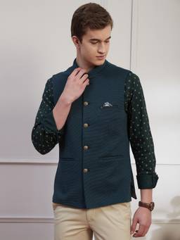Turtle - Men Knitted Terylene Rayon Dark Green Dobby Print Party Nehru Jacket
