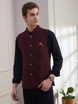 Turtle - Men Knitted Terylene Rayon Maroon Dobby Print Party Nehru Jacket