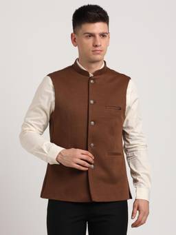 Turtle - Men Knitted Solid Brown Nehru Jacket