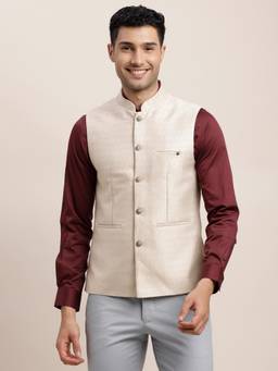 Turtle - Men Poly Cotton Slim Fit Beige Nehru Jacket