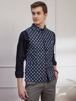 Turtle - Men Poly Cotton Blue Printed Party Nehru Jacket