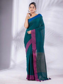 CHARUKRITI - Teal Pure Cotton Handwoven Soft Saree & Zari Pallu with Unstitched Blouse