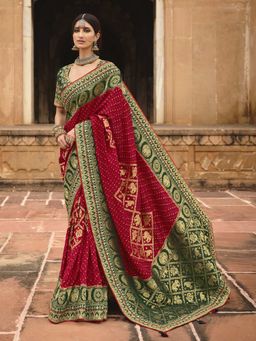 Odette - Womens Red Dola Silk Saree with Unstitched Blouse