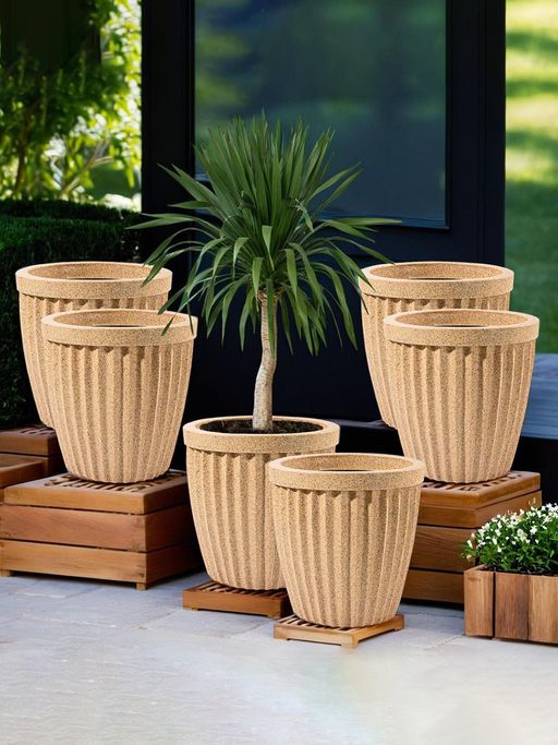 Kuber Industries Roto Mould 14-Inch Big Size Flower Pot Marble Pihu Neo - Sand (Pack of 6)