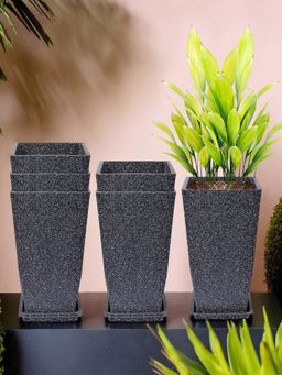 Kuber Industries - Marble Tower Flower Pot for Home & Garden with Tray 12 Inch Black (Pack of 6)