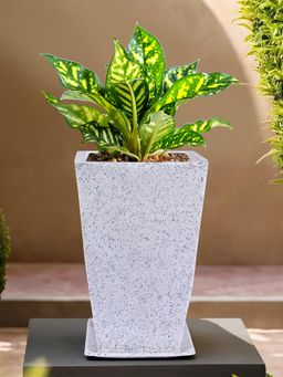 Kuber Industries - Marble Tower Flower Pot for Home & Garden with Tray 12 Inch White