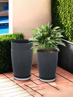 Kuber Industries - Plain Tower 14 Inch Flower Pot with Plate for Home & Garden Grey (Pack of 3)
