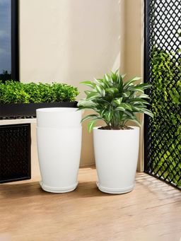 Kuber Industries - Plain Tower 14 Inch Flower Pot with Plate for Home & Garden White (Pack of 3)