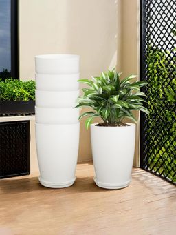 Kuber Industries - Plain Tower 14 Inch Flower Pot with Plate for Home & Garden White (Pack of 6)