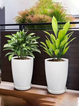 Kuber Industries - Marble Tower 14 Inch Flower Pot with Plate for Home & Garden White (Pack of 2)