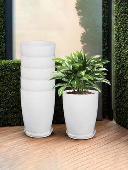 Kuber Industries - Marble Tower 14 Inch Flower Pot with Plate for Home & Garden White (Pack of 6)