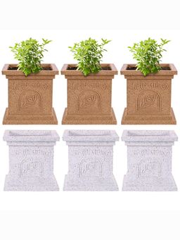 Kuber Industries - Plastic Tulsi Gamla/Planter Pot 12 Inch Marble White & Beige (Pack of 6)