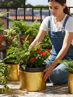 Aarvi Decor - Golden Metallic Freestanding Round Luxe Hammered Planter