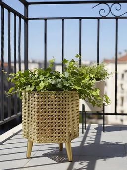 Aarvi Decor - Golden Metal And Wood Freestanding Hexagonal Luxe Planter