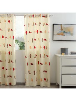 Story@Home - Long Door Cotton Room Darkening Curtain Single Curtain White, Red, Printed (9 feet)