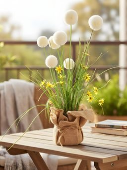 Aarvi Decor - Cream Silk Plastic Artificial Dandelion Arrangement Flower Bunch With Jute Wrap