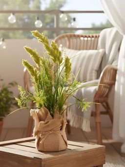 Aarvi Decor - Green Silk Plastic Faux Pampas Grass Arrangement Flower Bunch With Jute Wrap