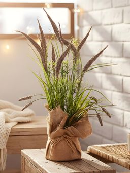 Aarvi Decor - Brown Silk Plastic Artificial Foxtail Grass Arrangement Flower Bunch With Jute Wrap