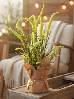 Aarvi Decor - Green Silk Plastic Artificial Foxtail Grass Arrangement Flower Bunch With Jute Wrap