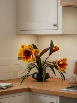 Aarvi Decor - Yellow Faux Leather Magnolia Serenade Arrangement Pot With Flower