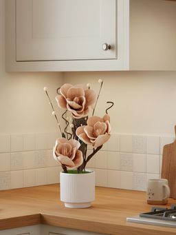 Aarvi Decor - Beige Faux Leather Rustic Blossom Harmony Pot With Flower